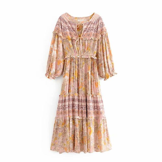 Floral Print V-Neck Long Sleeve Tiered Maxi Dress 19