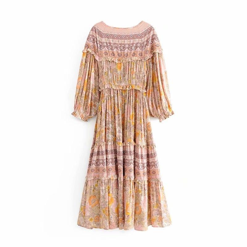 Floral Print V-Neck Long Sleeve Tiered Maxi Dress 20