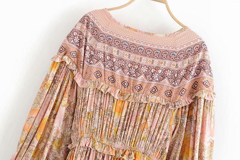 Floral Print V-Neck Long Sleeve Tiered Maxi Dress 22