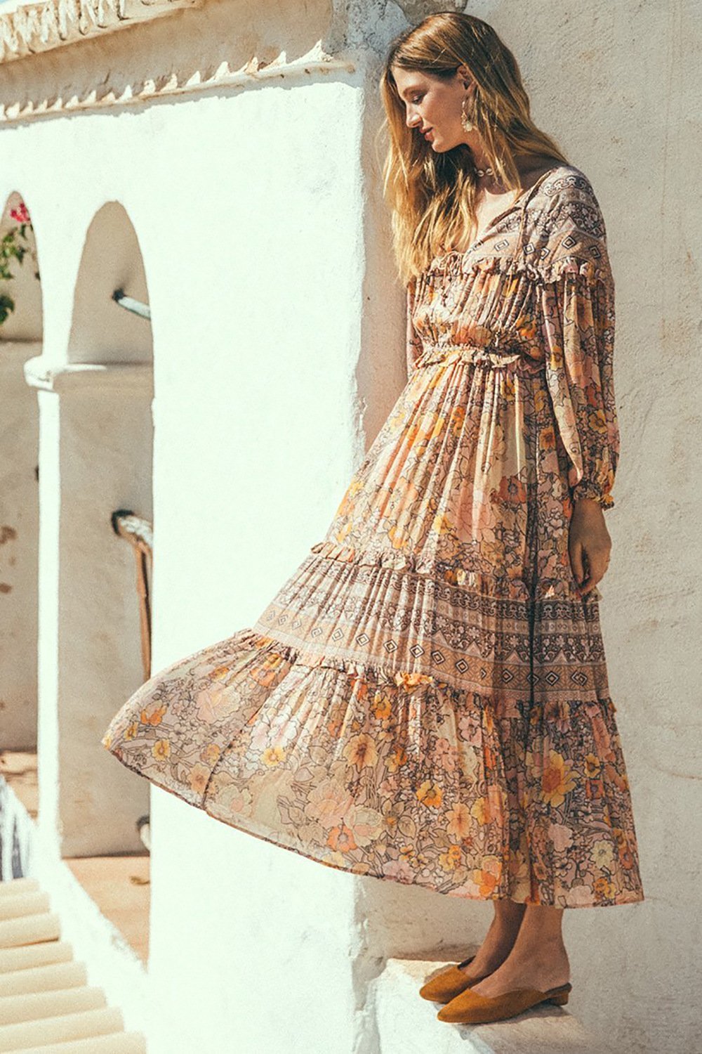 Floral Print V-Neck Long Sleeve Tiered Maxi Dress 5