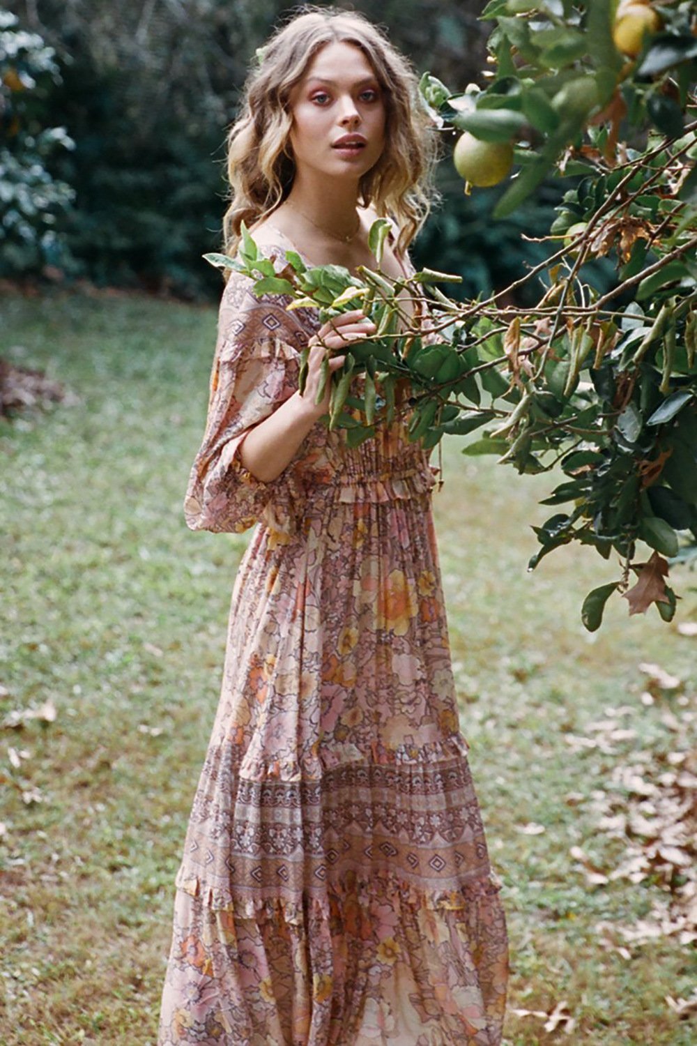 Floral Print V-Neck Long Sleeve Tiered Maxi Dress 7