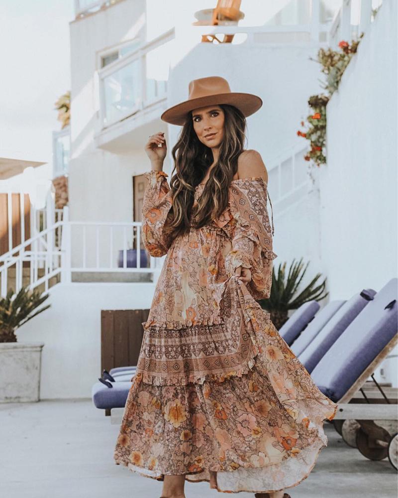 Floral Print V-Neck Long Sleeve Tiered Maxi Dress 8