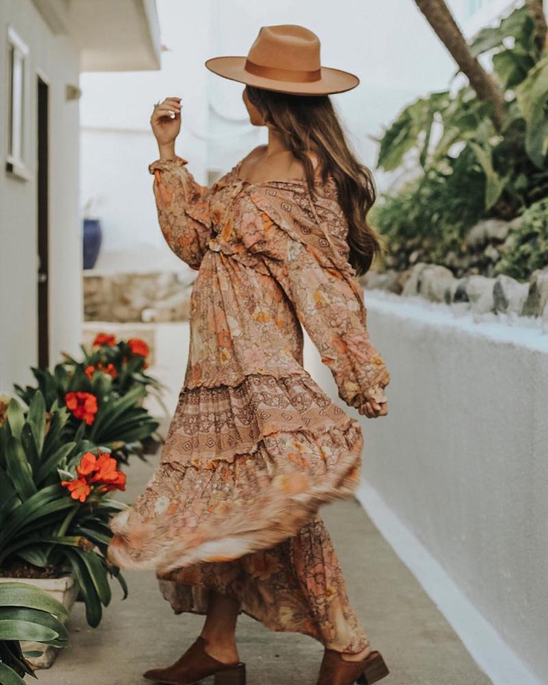 Floral Print V-Neck Long Sleeve Tiered Maxi Dress 9