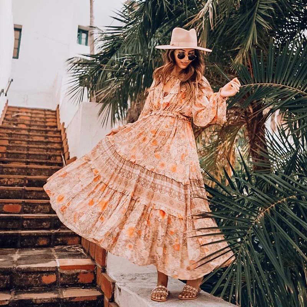 Floral Print V-Neck Long Sleeve Tiered Maxi Dress