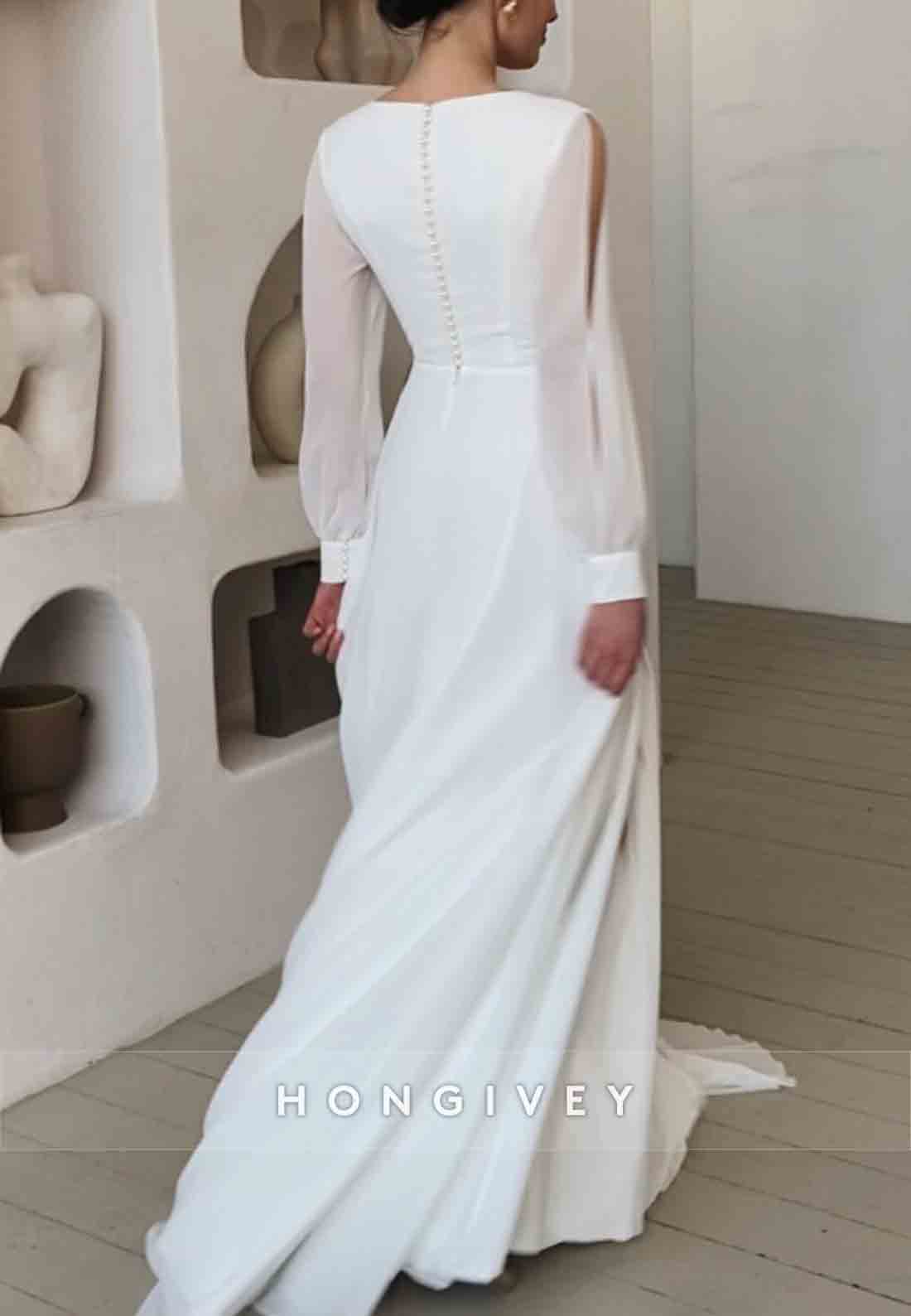 Simple V Neck Long Sleeve Pleated With Side Slit Sweep Train Wedding Dresses