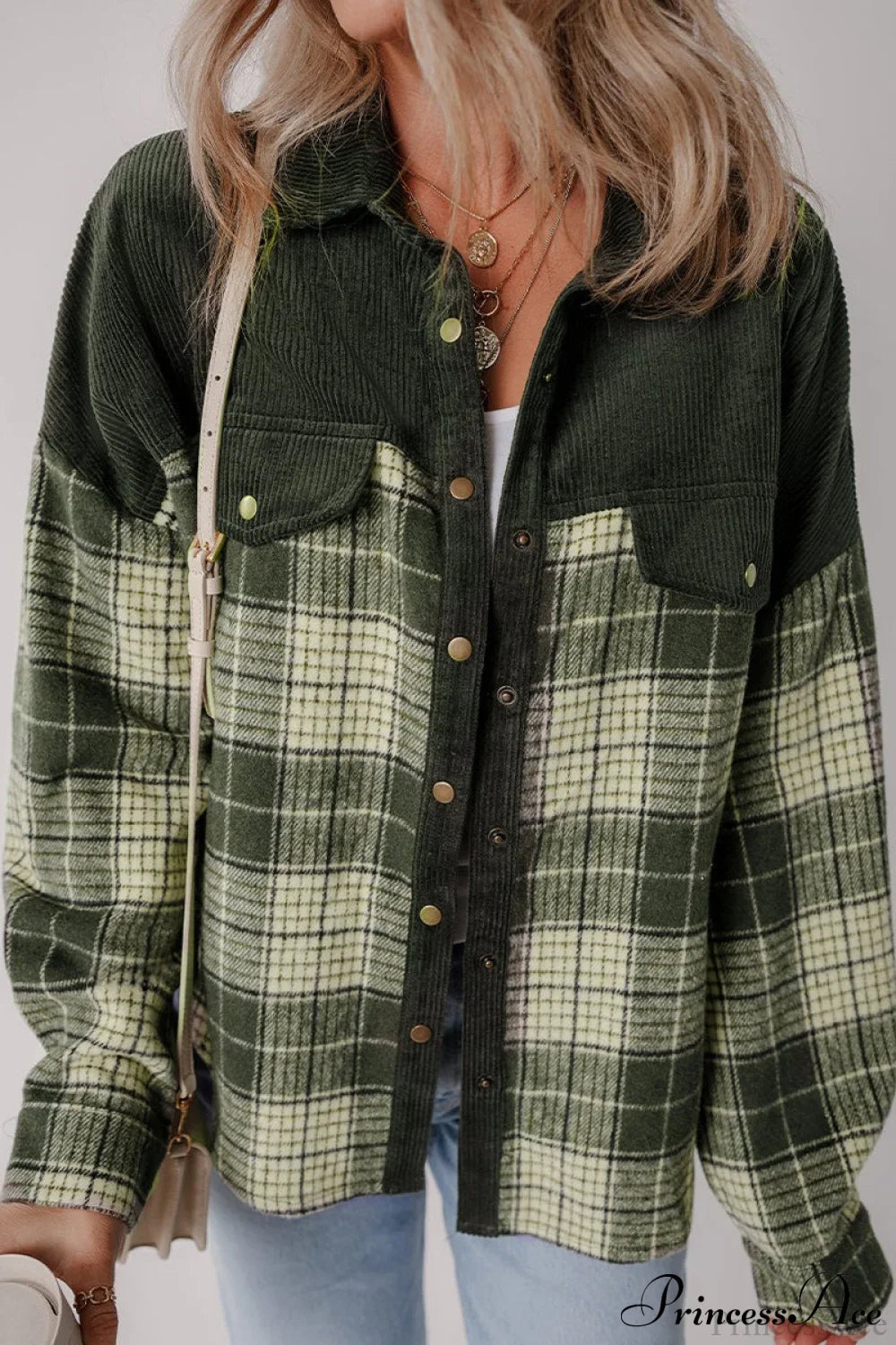 Plaid Color-Block Corduroy Long-Sleeve Jacket Green / S