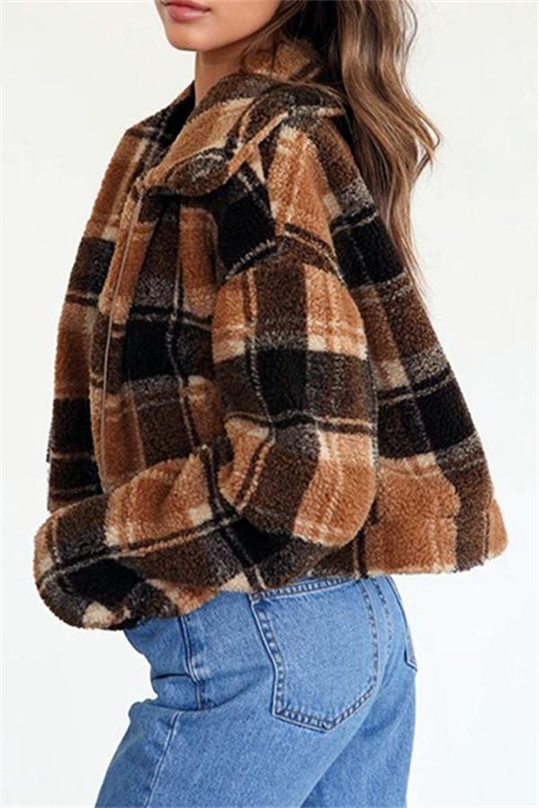 Plaid Faux Fur Cropped Biker Down Jacket for Chic Style