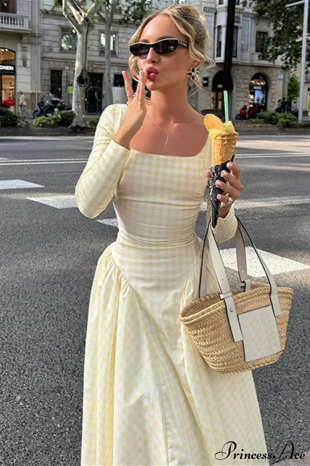 Plaid Flare Sleeve Waist Fitted Square Neck Maxi Dress