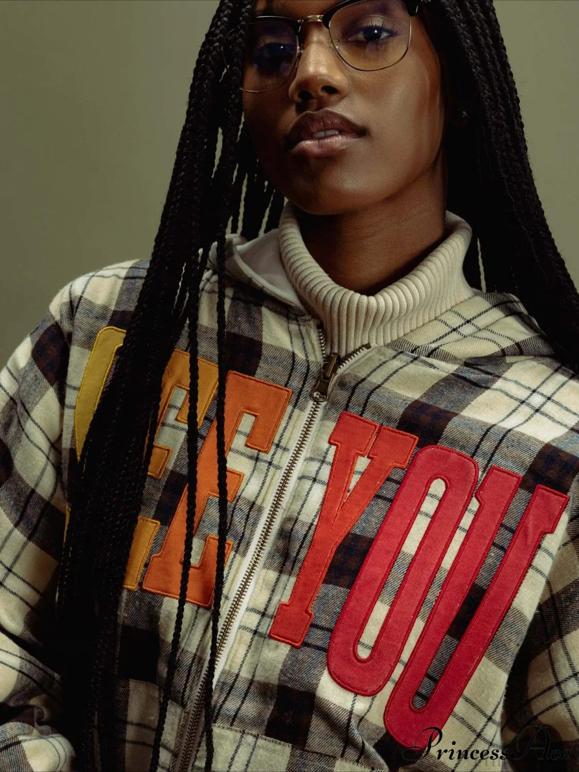 Plaid Rainbow Letter Print Loose Zipper Hoodie