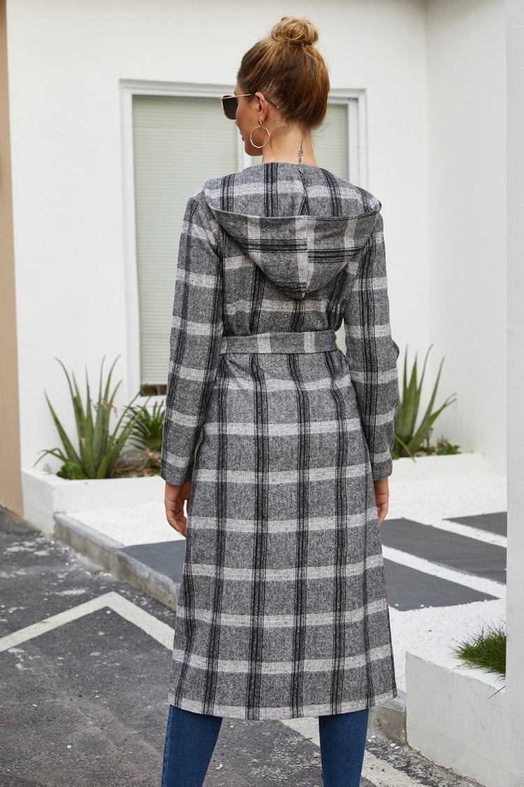 Plaid Tweed Hoodied Coat