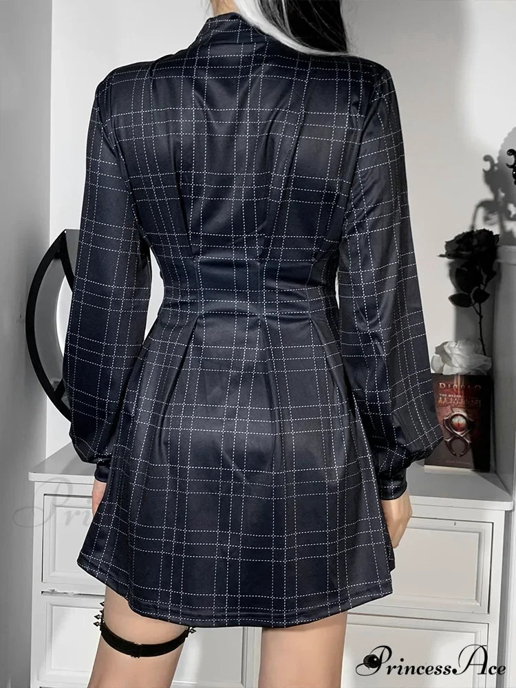 Plaid Winter Long Sleeve Turtleneck A-Line Cosplay Academy Pleated Corset Dark Blue E Girl Partywear Dress