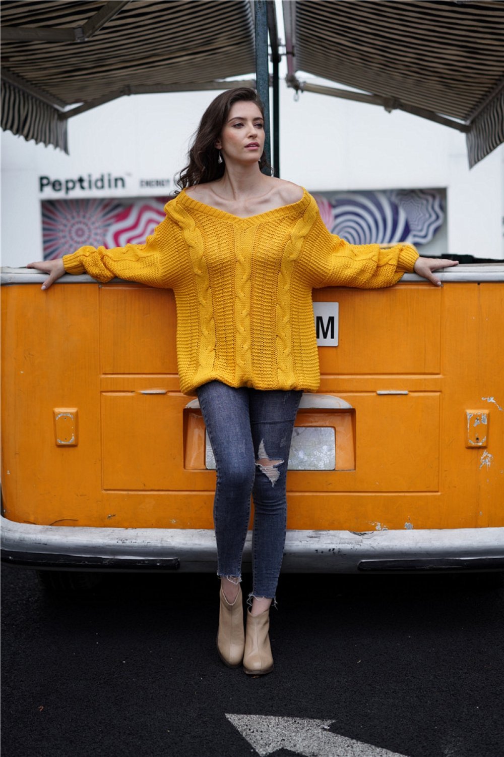 RadyRin Loose Yellow Cable Knit Sweater for Cozy Comfort