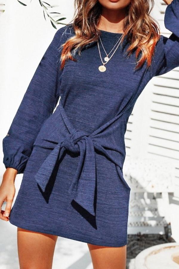 Plain Cinched Long Sleeve Dress