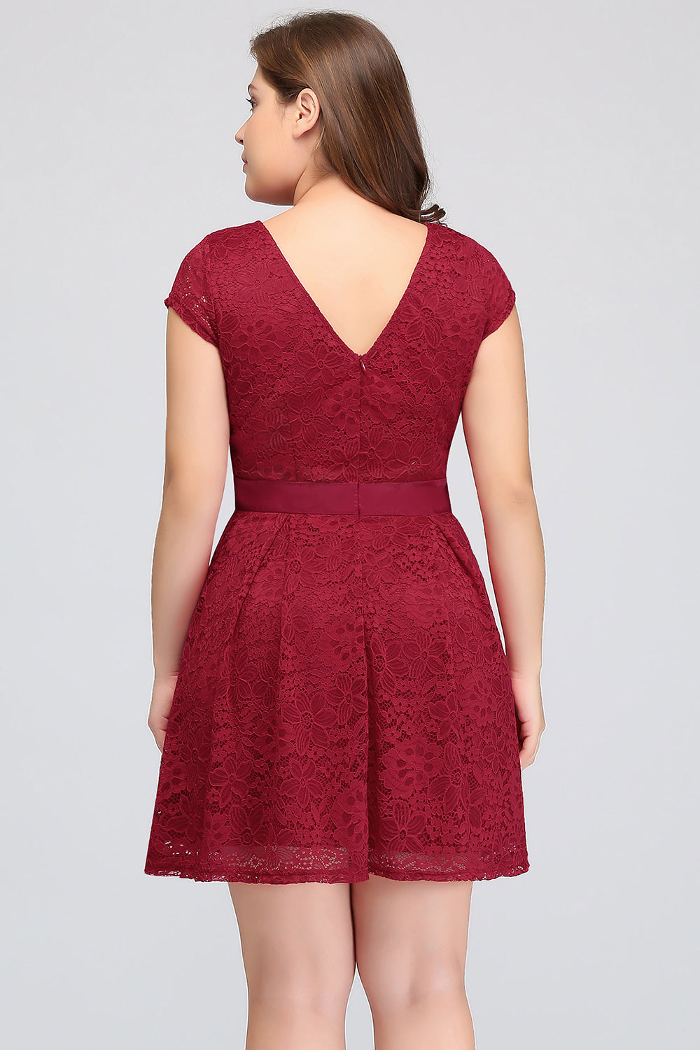 Plus Size A-Line Jewel Burgundy Lace Bridesmaid Dresses with Short Sleeves - Fashionpara
