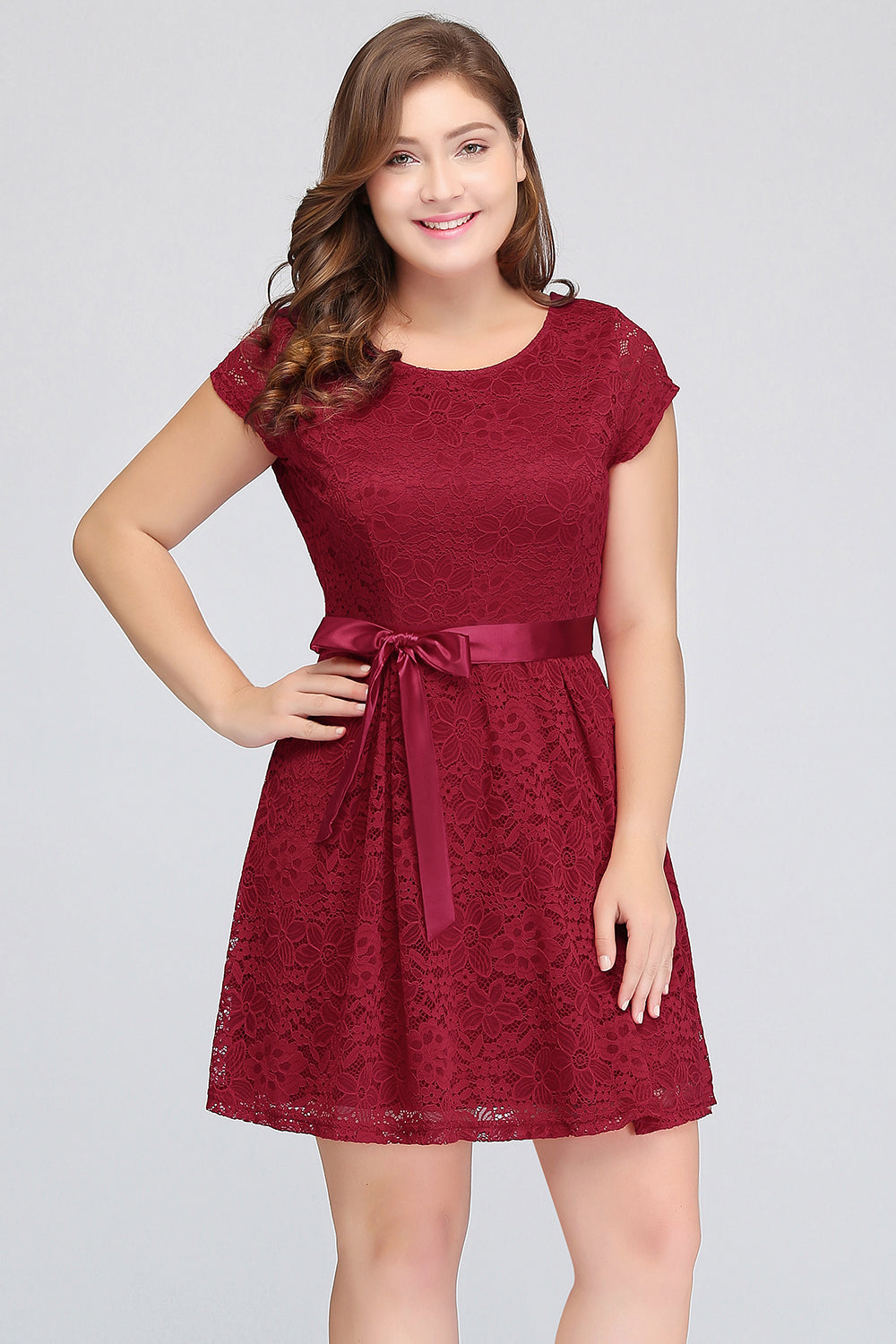 Plus Size A-Line Jewel Burgundy Lace Bridesmaid Dresses with Short Sleeves - Fashionpara
