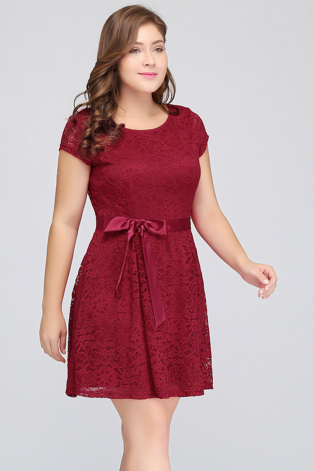 Plus Size A-Line Jewel Burgundy Lace Bridesmaid Dresses with Short Sleeves - Fashionpara