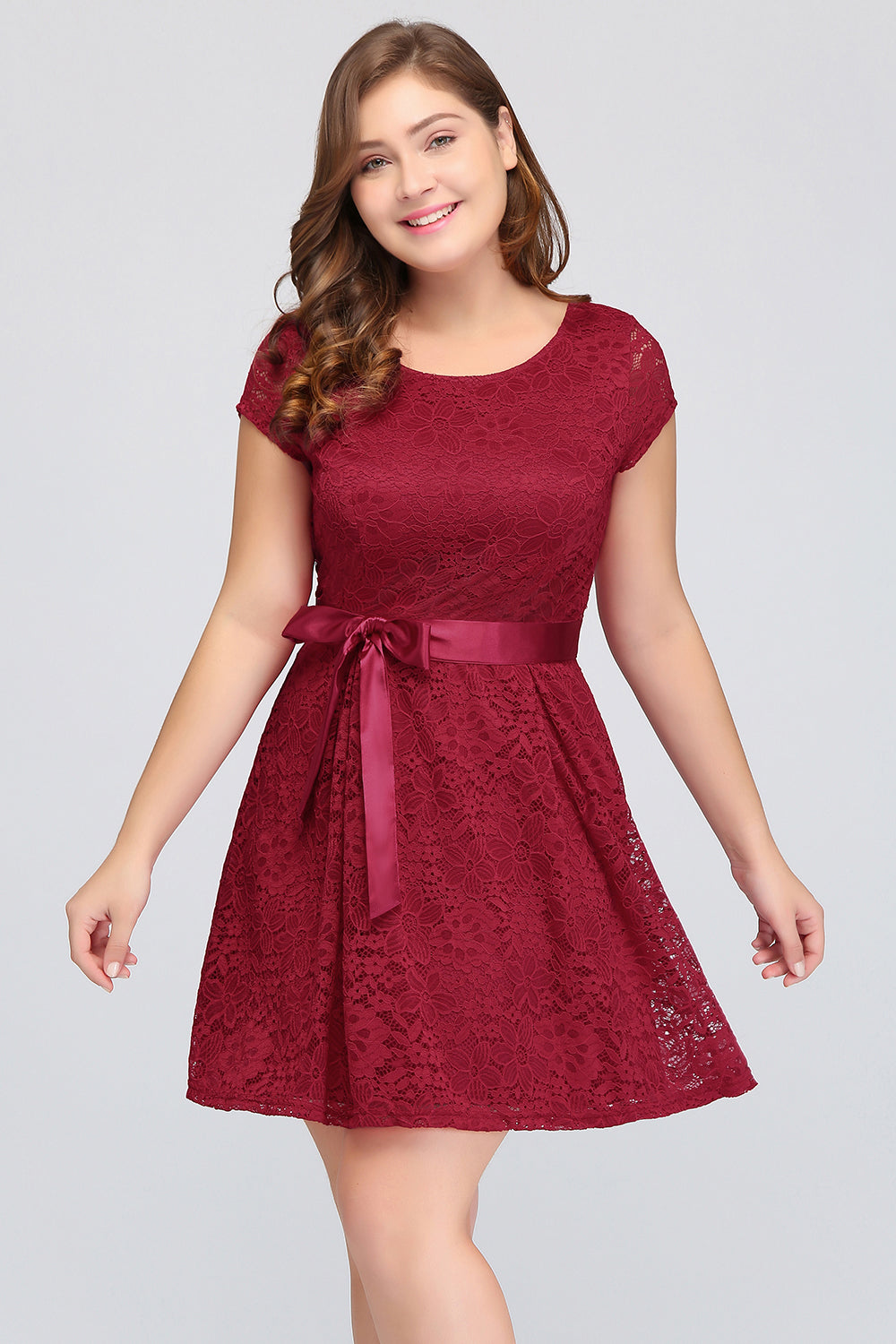 Plus Size A-Line Jewel Burgundy Lace Bridesmaid Dresses with Short Sleeves - Fashionpara