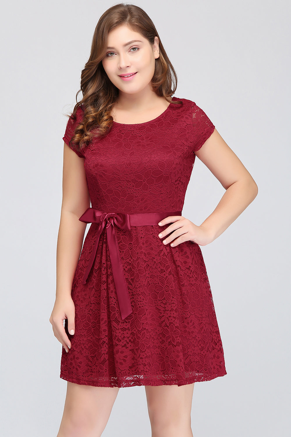 Plus Size A-Line Jewel Burgundy Lace Bridesmaid Dresses with Short Sleeves - Fashionpara