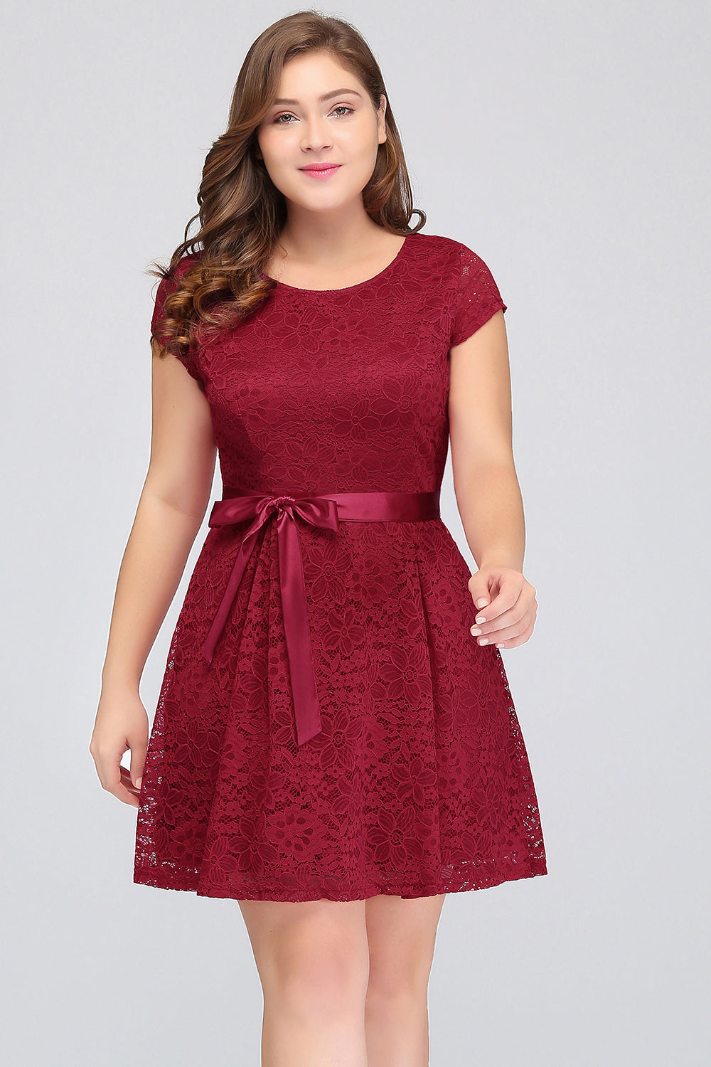 Plus Size A-Line Jewel Burgundy Lace Bridesmaid Dresses with Short Sleeves - Fashionpara