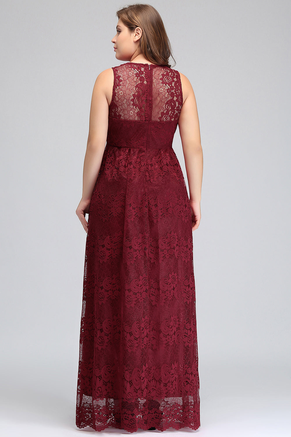 Plus Size A-Line V-Neck Burgundy Lace Bridesmaid Dresses - Fashionpara