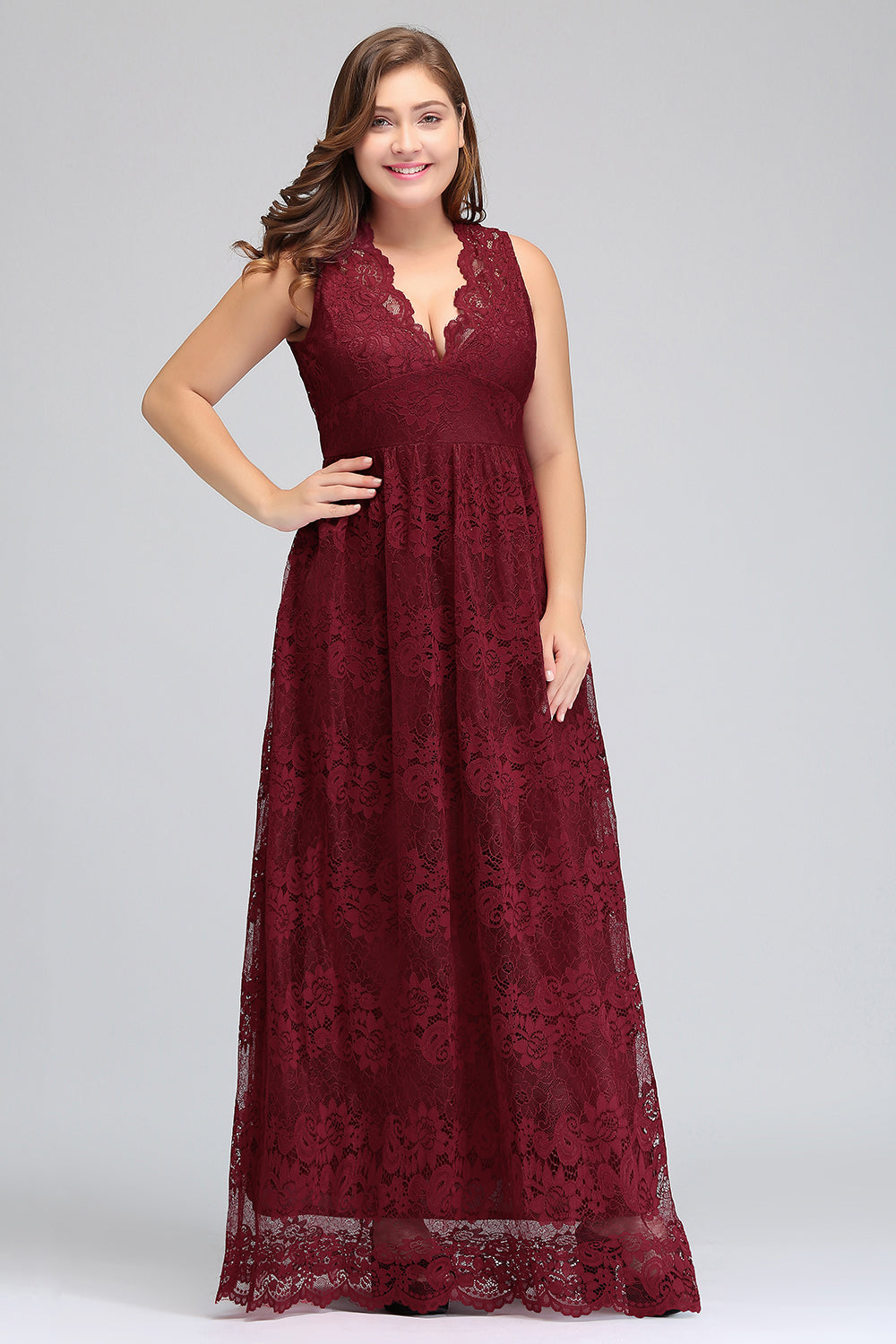 Plus Size A-Line V-Neck Burgundy Lace Bridesmaid Dresses - Fashionpara