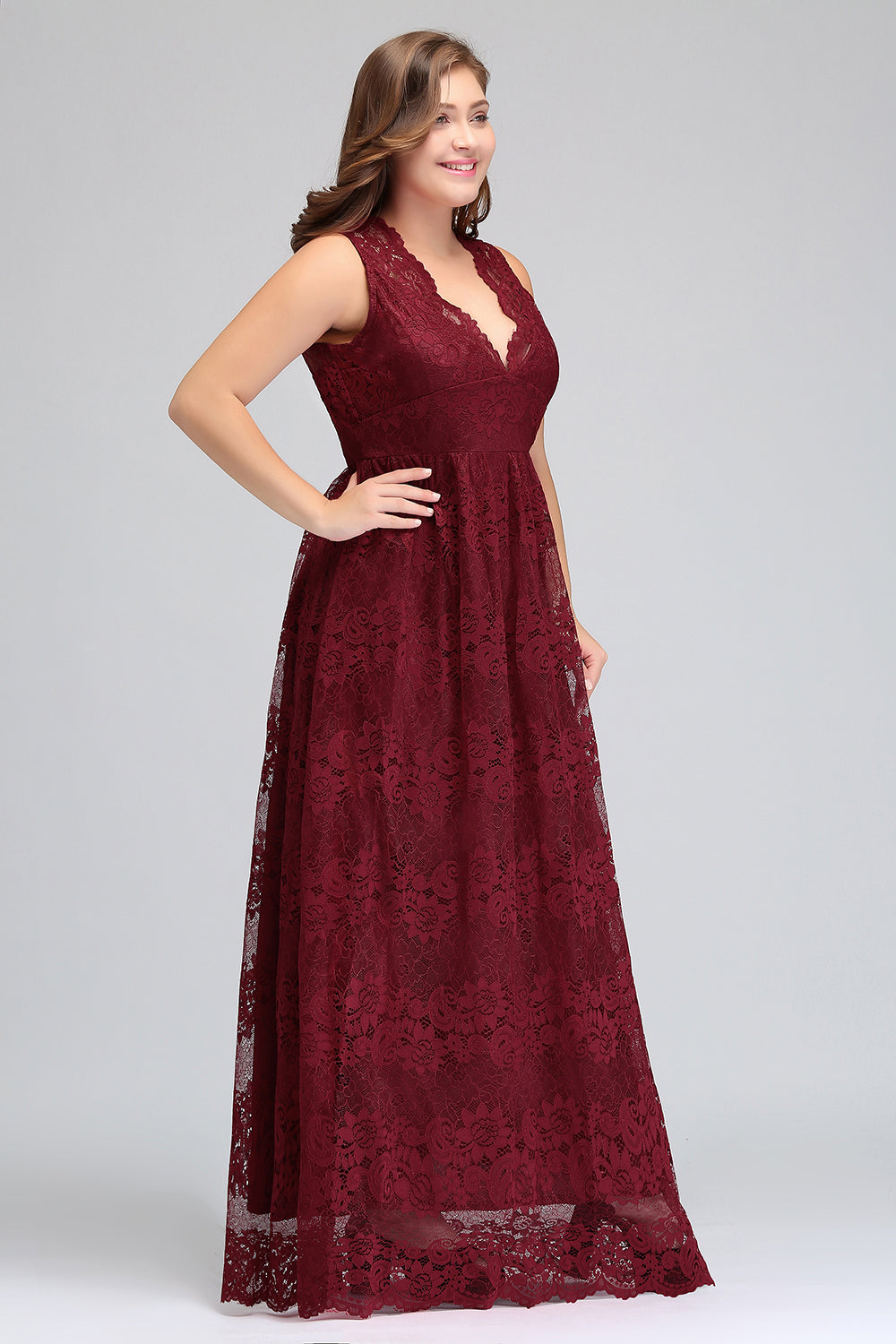 Plus Size A-Line V-Neck Burgundy Lace Bridesmaid Dresses - Fashionpara