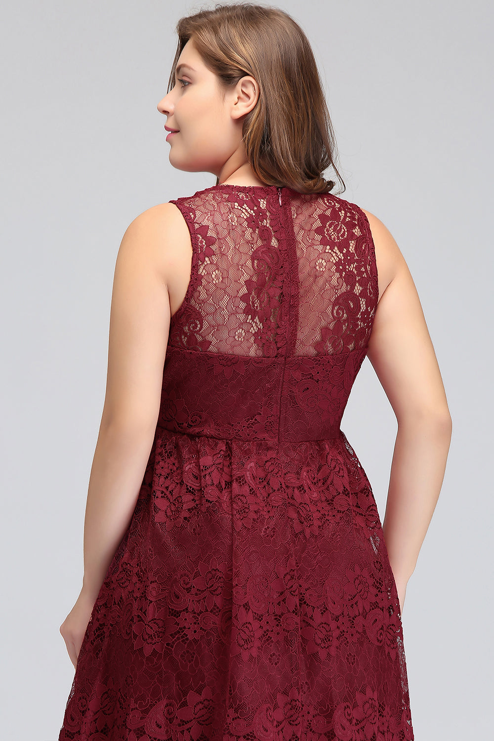 Plus Size A-Line V-Neck Burgundy Lace Bridesmaid Dresses - Fashionpara