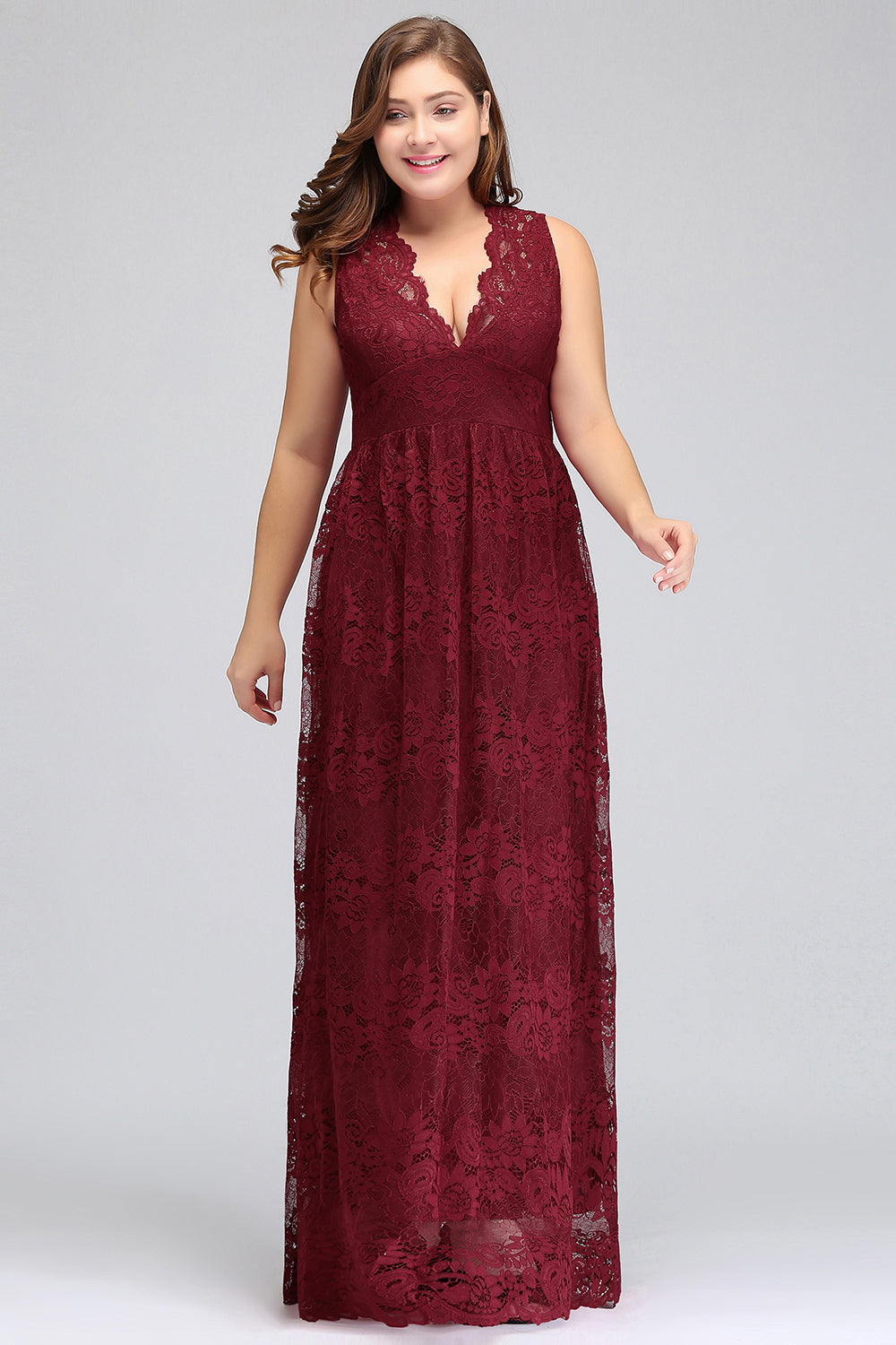 Plus Size A-Line V-Neck Burgundy Lace Bridesmaid Dresses - Fashionpara