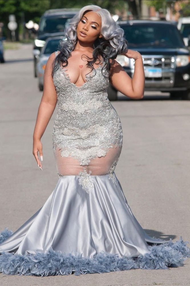 Plus Size Appliques Mermaid Prom Party GownsFloor Length Feather Train V-Neck