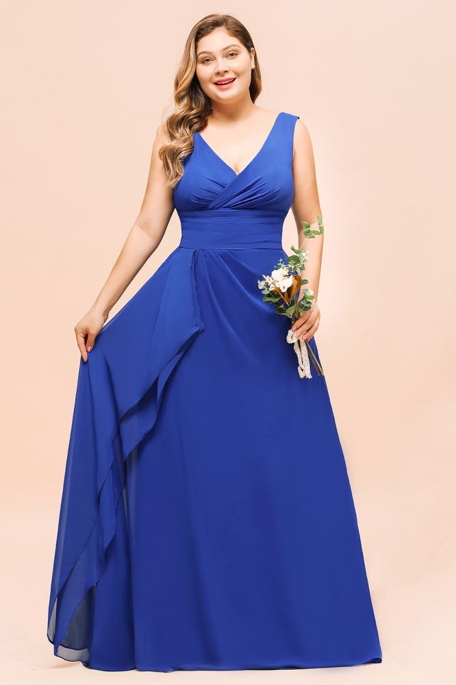 Plus Size Chiffon Sleeveless Royal Blue Bridesmaid Dress V-neck Simple Wedding Dress