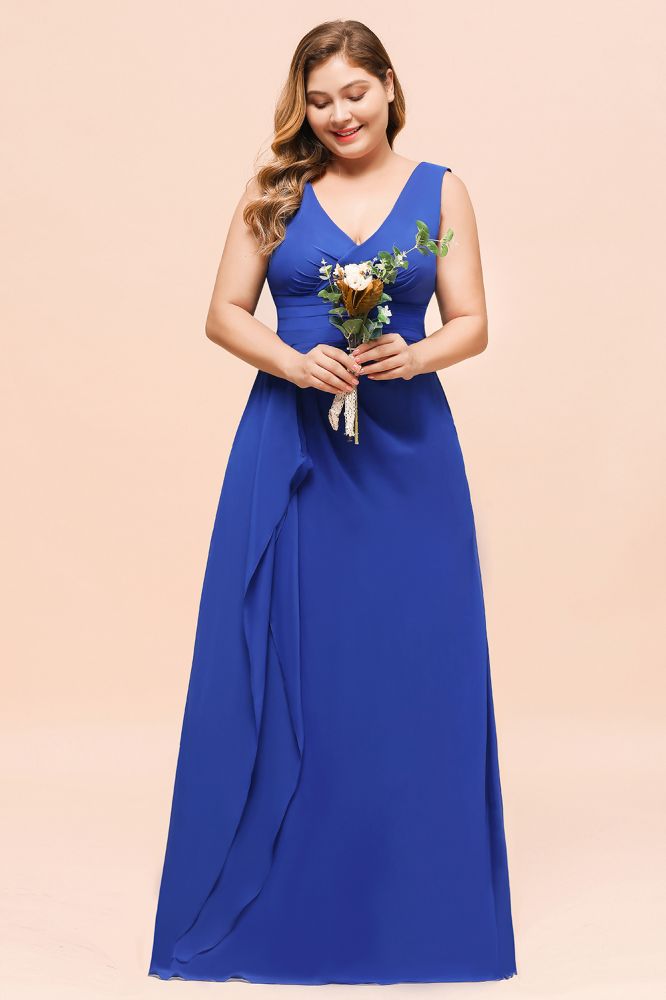 Plus Size Chiffon Sleeveless Royal Blue Bridesmaid Dress V-neck Simple Wedding Dress