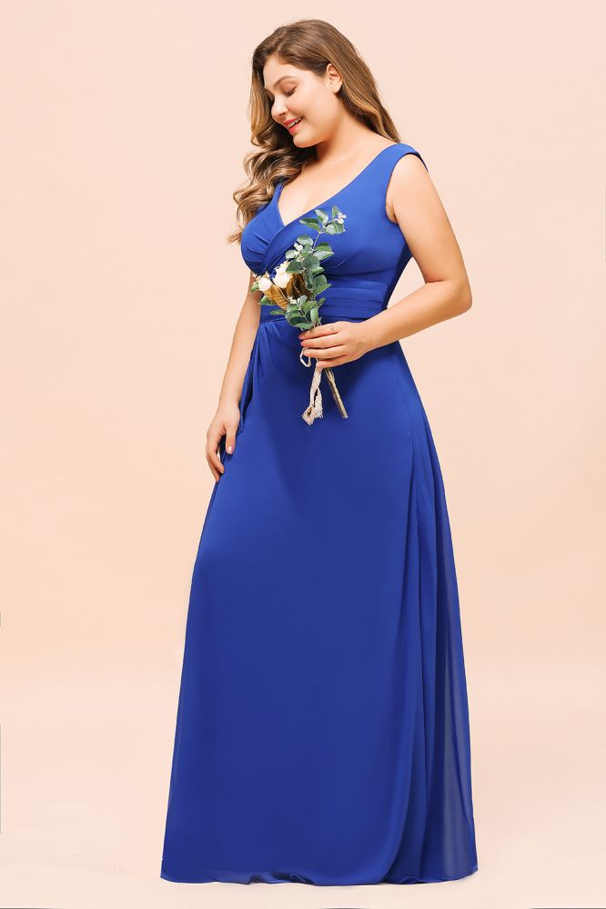 Plus Size Chiffon Sleeveless Royal Blue Bridesmaid Dress V-neck Simple Wedding Dress