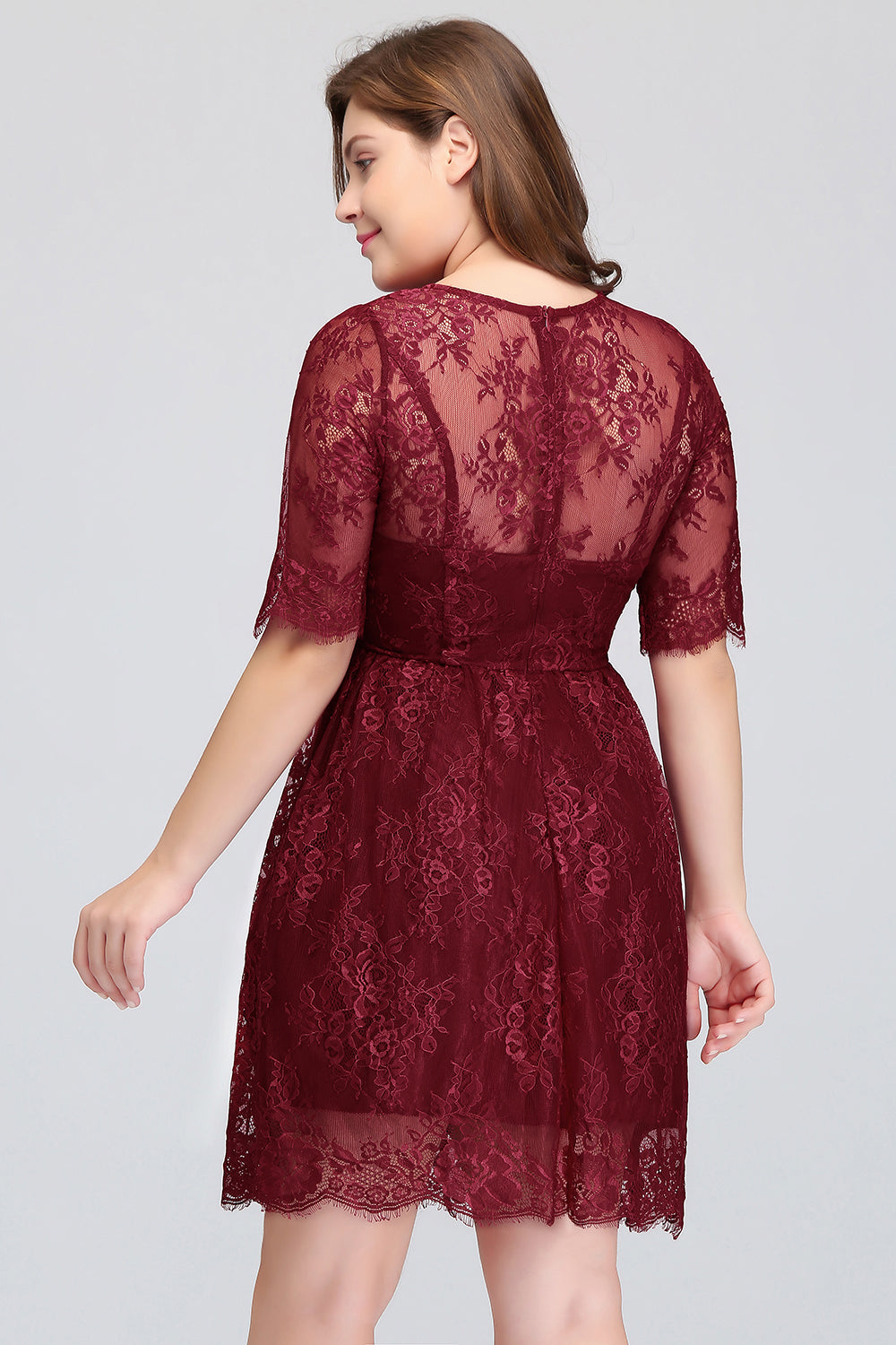 Plus size Jewel Burgundy Affordable Bridesmaid Dresses with Short Sleeves - Fashionpara