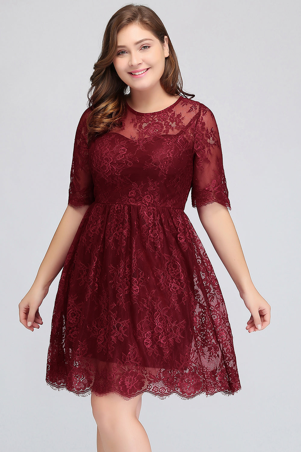 Plus size Jewel Burgundy Affordable Bridesmaid Dresses with Short Sleeves - Fashionpara