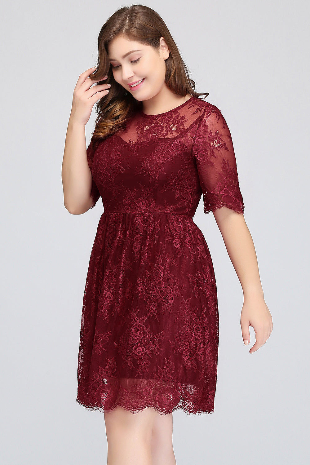 Plus size Jewel Burgundy Affordable Bridesmaid Dresses with Short Sleeves - Fashionpara