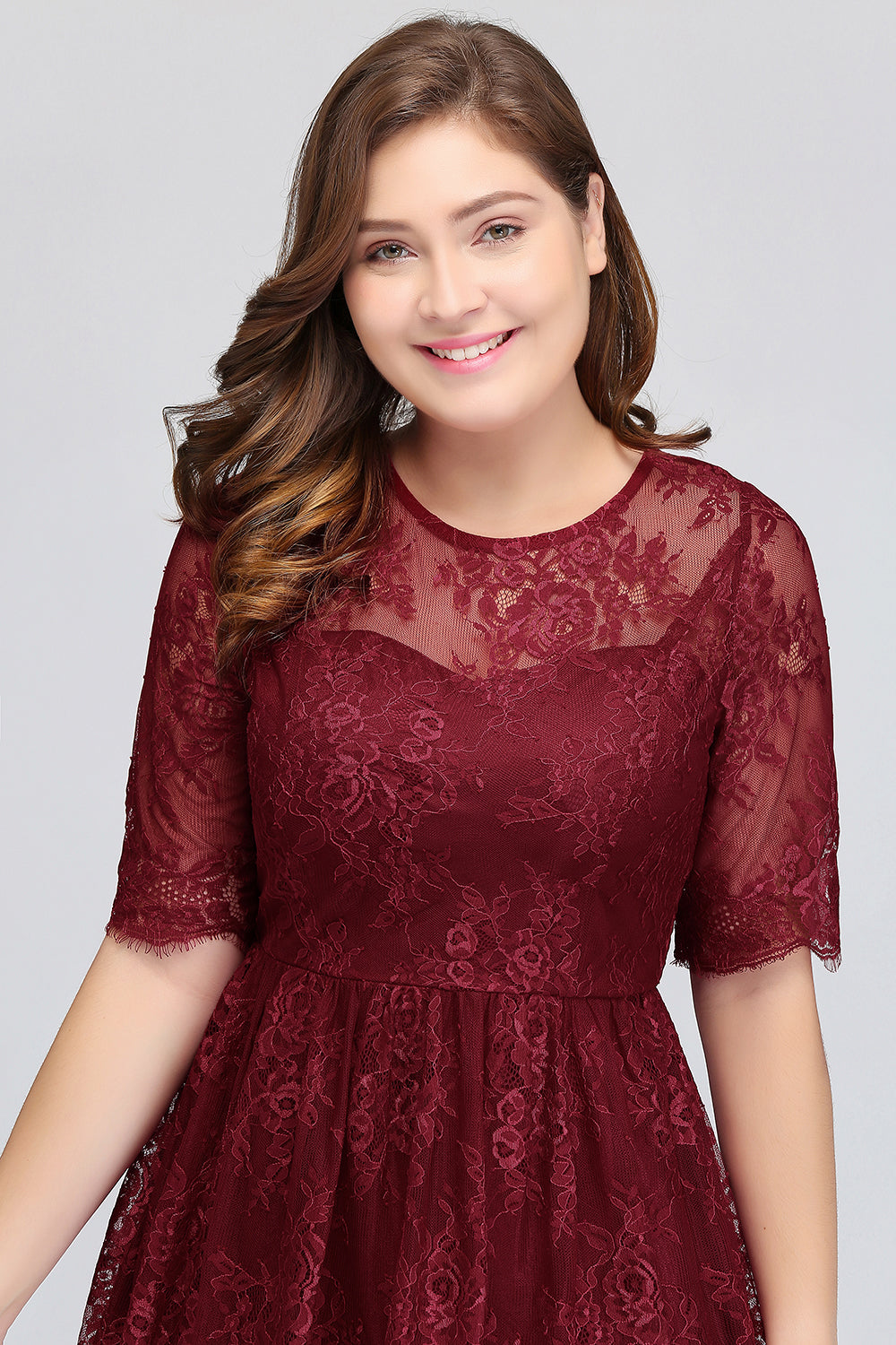 Plus size Jewel Burgundy Affordable Bridesmaid Dresses with Short Sleeves - Fashionpara