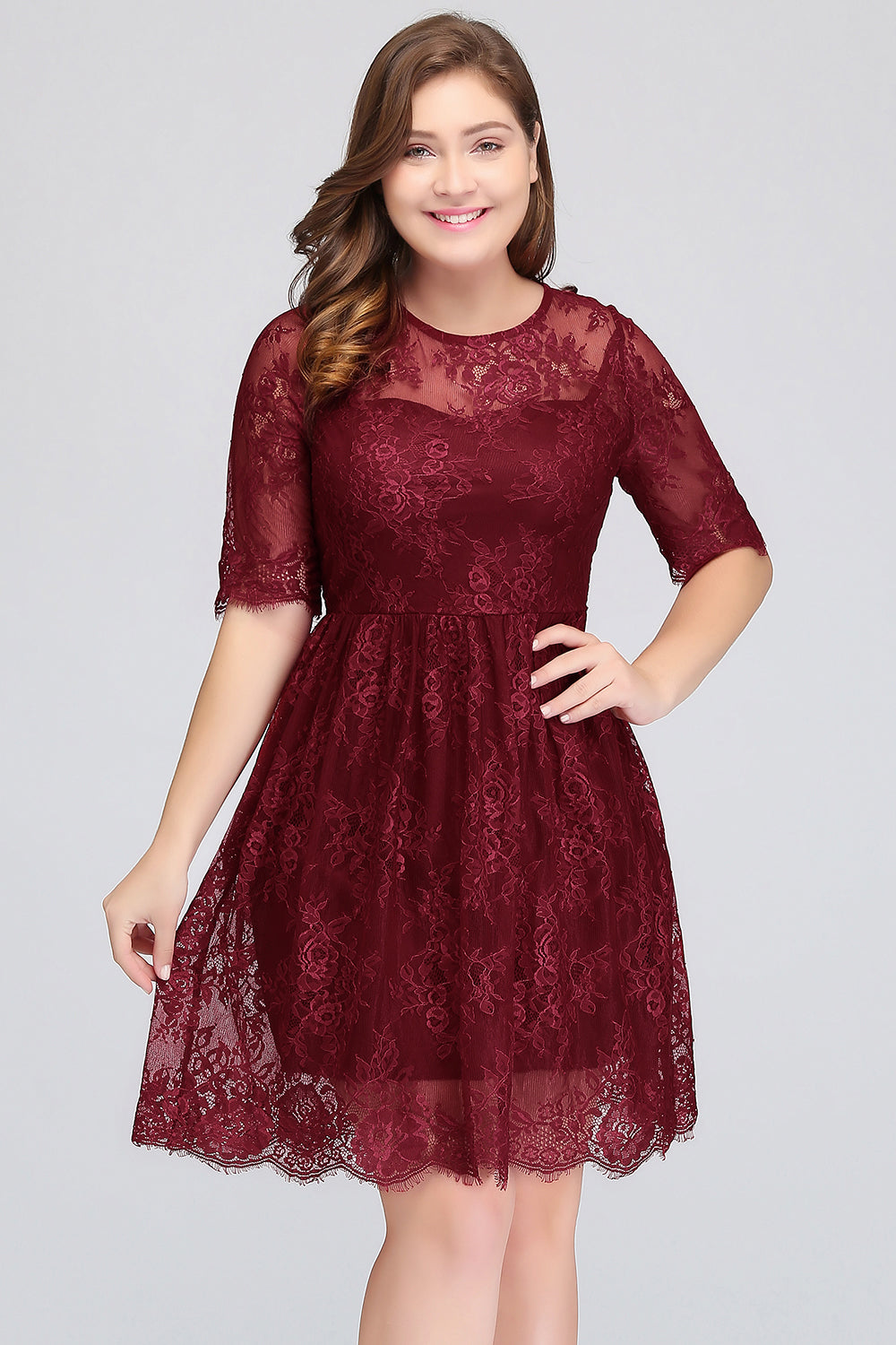 Plus size Jewel Burgundy Affordable Bridesmaid Dresses with Short Sleeves - Fashionpara