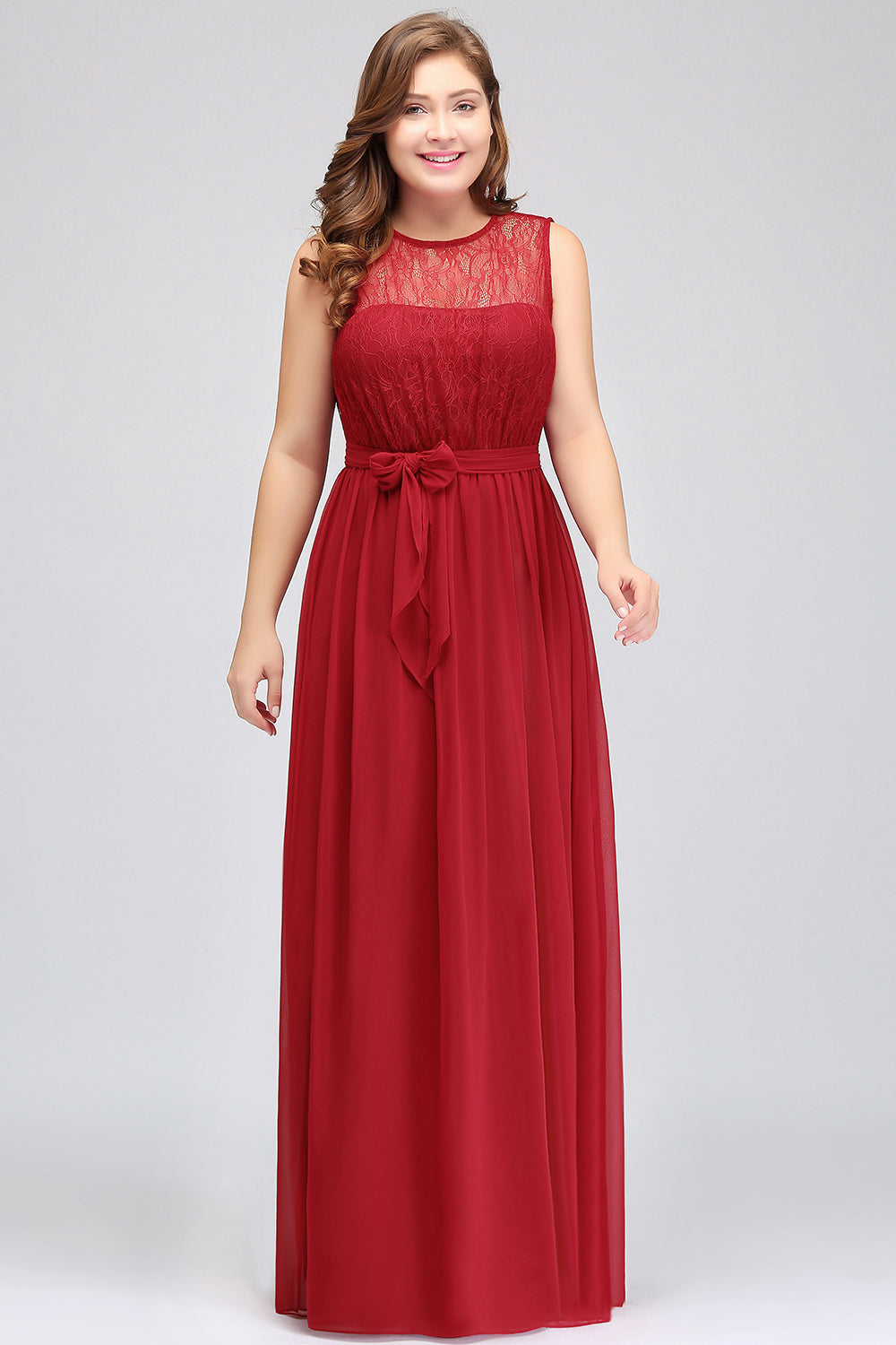 Plus Size Jewel Sleeveless Red Lace Long Bridesmaid Dresses with Ruffle - Fashionpara