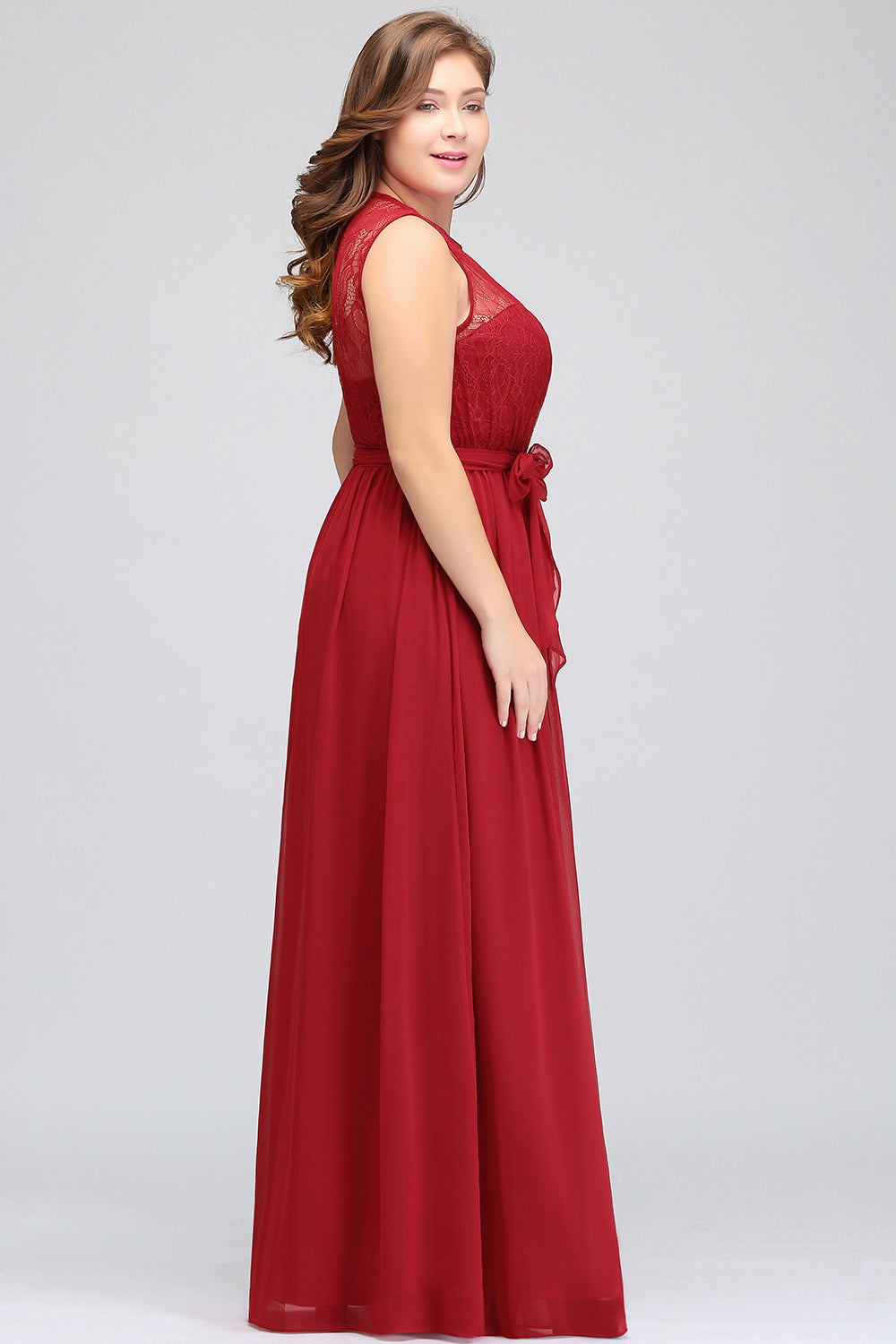 Plus Size Jewel Sleeveless Red Lace Long Bridesmaid Dresses with Ruffle - Fashionpara