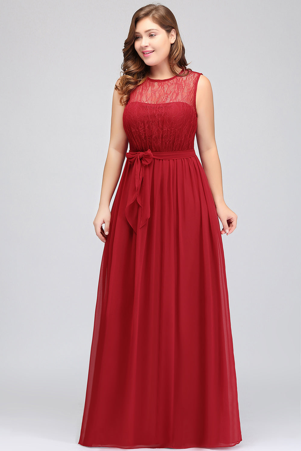 Plus Size Jewel Sleeveless Red Lace Long Bridesmaid Dresses with Ruffle - Fashionpara