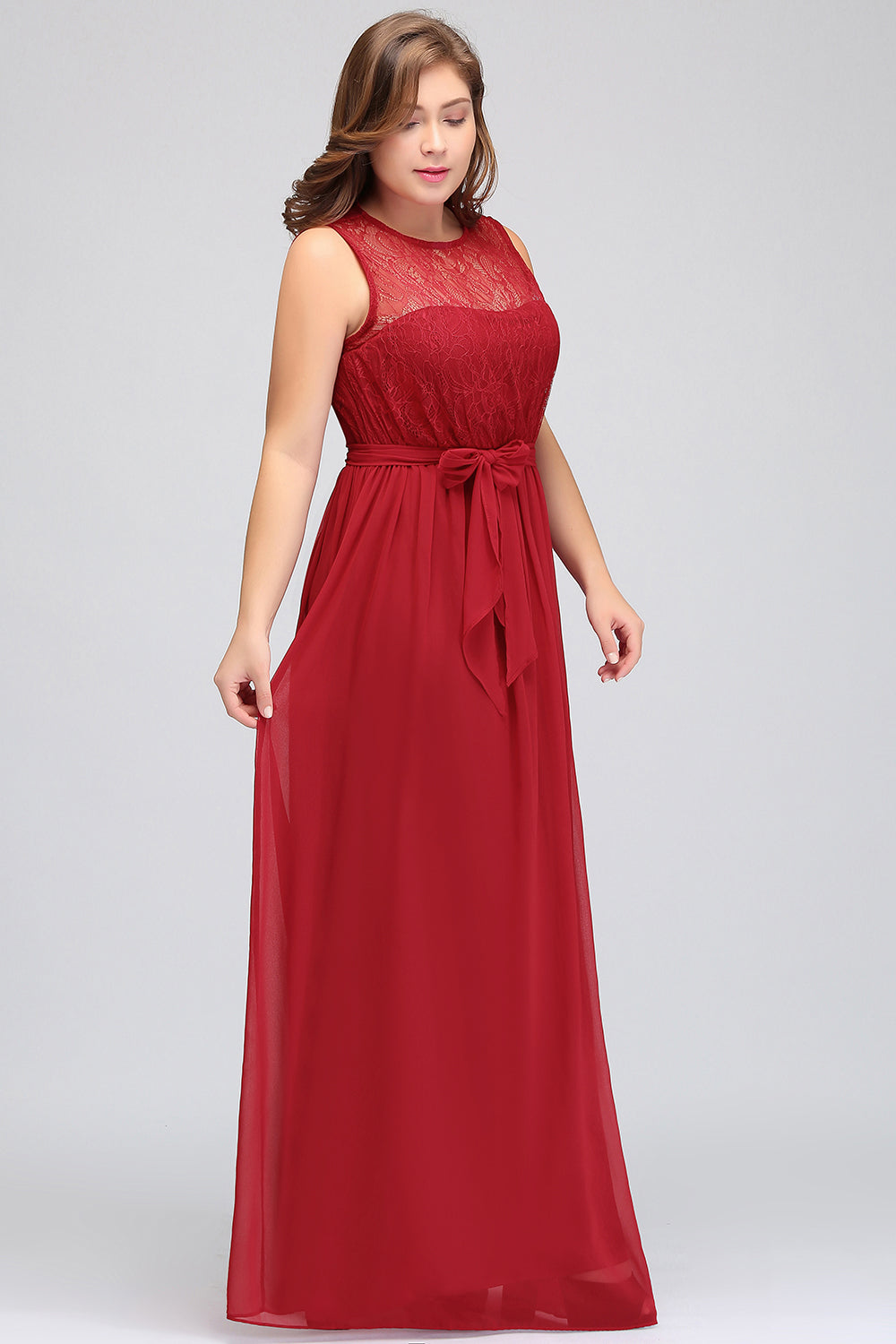 Plus Size Jewel Sleeveless Red Lace Long Bridesmaid Dresses with Ruffle - Fashionpara