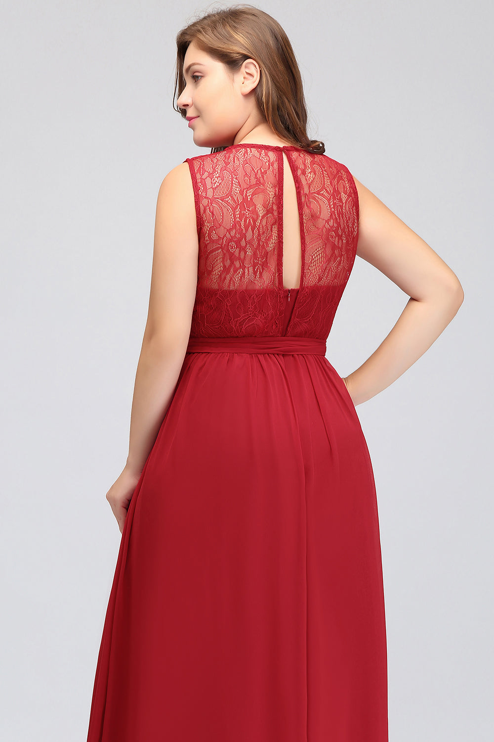 Plus Size Jewel Sleeveless Red Lace Long Bridesmaid Dresses with Ruffle - Fashionpara