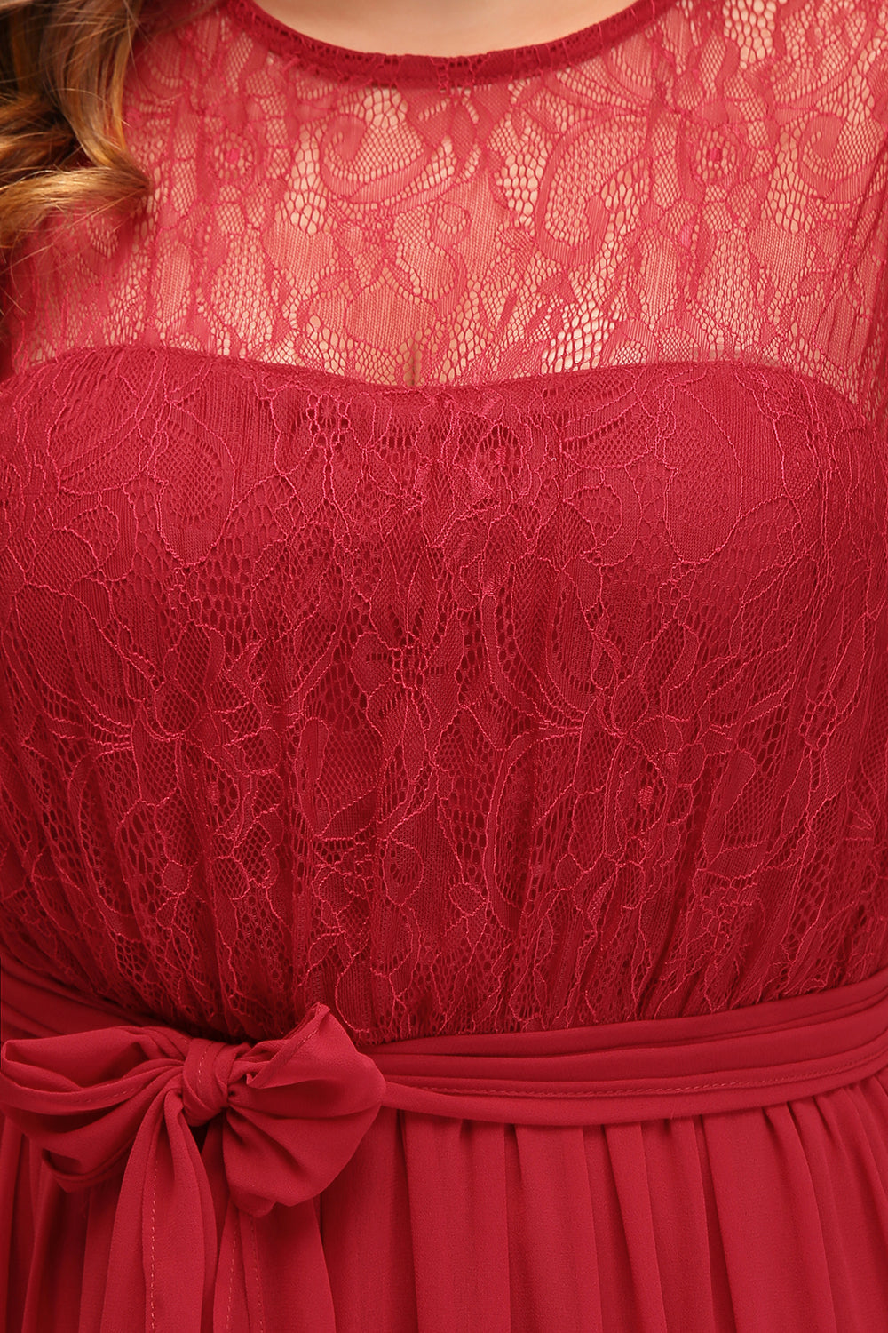 Plus Size Jewel Sleeveless Red Lace Long Bridesmaid Dresses with Ruffle - Fashionpara