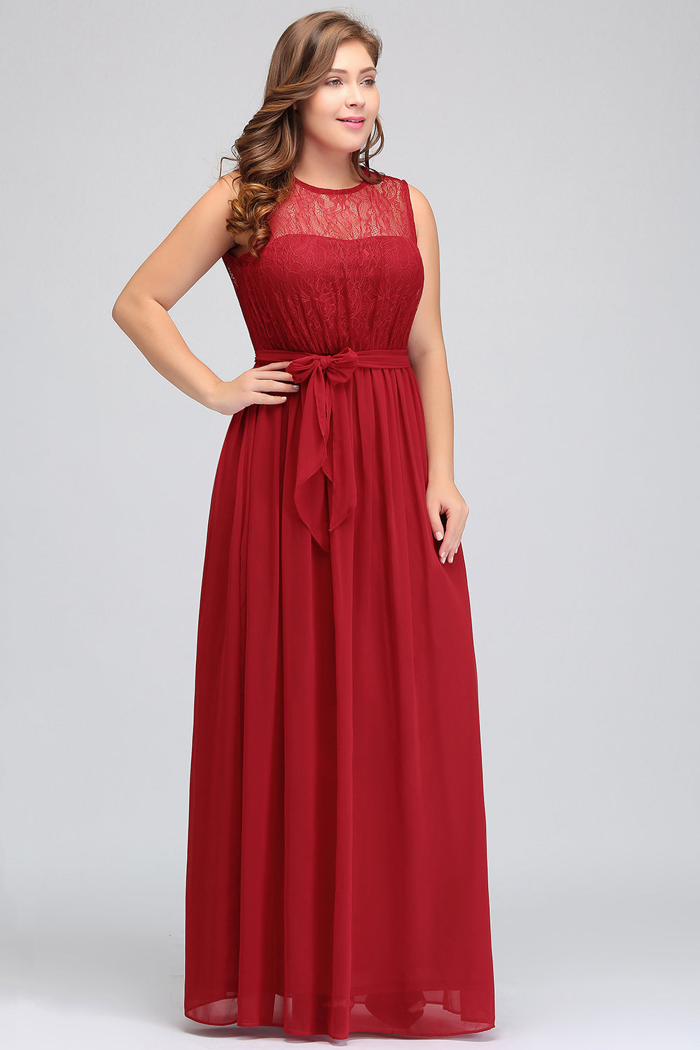 Plus Size Jewel Sleeveless Red Lace Long Bridesmaid Dresses with Ruffle - Fashionpara