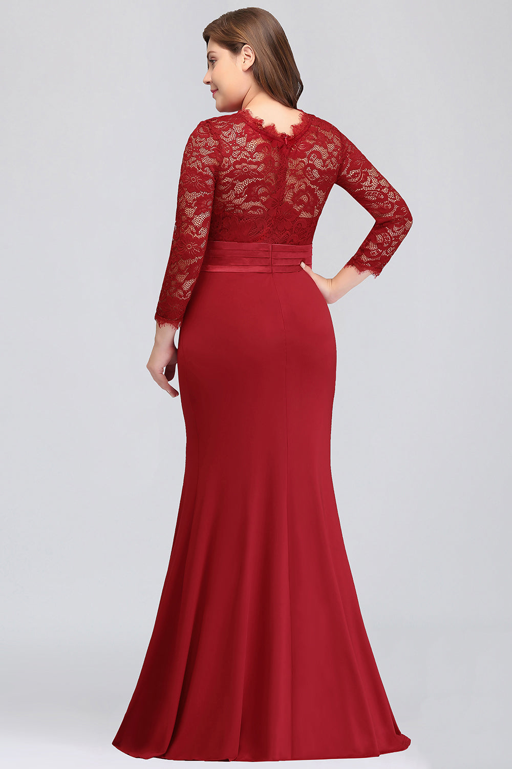 Plus Size Mermaid Long Red Lace Bridesmaid dresses with 3/4 Sleeves - Fashionpara