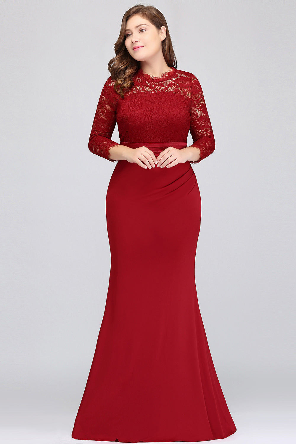 Plus Size Mermaid Long Red Lace Bridesmaid dresses with 3/4 Sleeves - Fashionpara