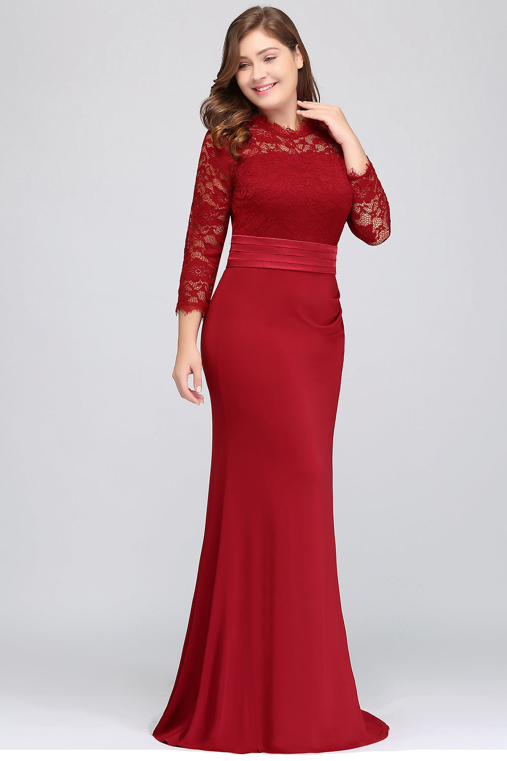 Plus Size Mermaid Long Red Lace Bridesmaid dresses with 3/4 Sleeves - Fashionpara