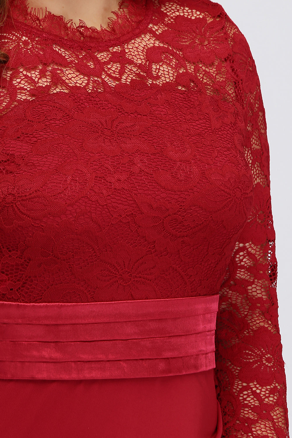 Plus Size Mermaid Long Red Lace Bridesmaid dresses with 3/4 Sleeves - Fashionpara
