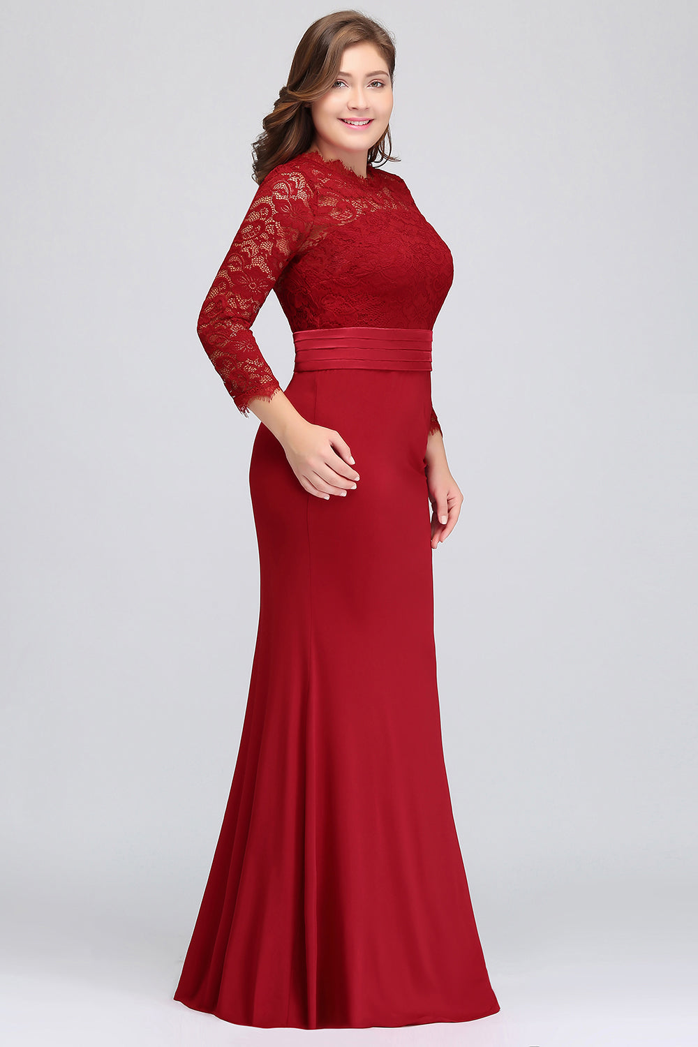 Plus Size Mermaid Long Red Lace Bridesmaid dresses with 3/4 Sleeves - Fashionpara