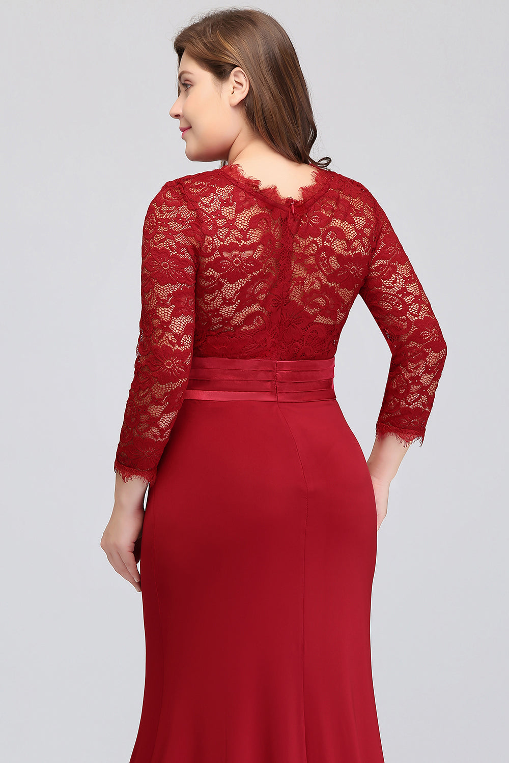 Plus Size Mermaid Long Red Lace Bridesmaid dresses with 3/4 Sleeves - Fashionpara